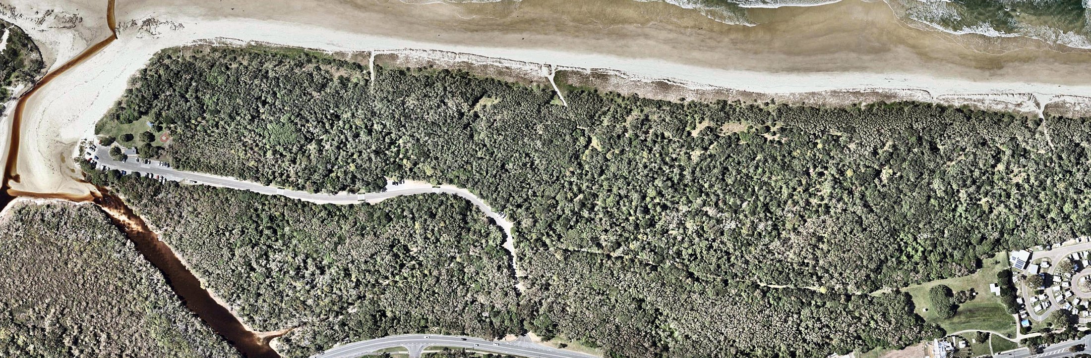 2022 aerial photo of the weeding patch with the features named in the text labelled